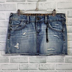 Express Womens 4 Jean Distressed Mini Denim Skirt Frayed‎ Hem Leopard Accents